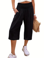 Solid Shirred Wide Leg Capris Pants Casual Loose Pants