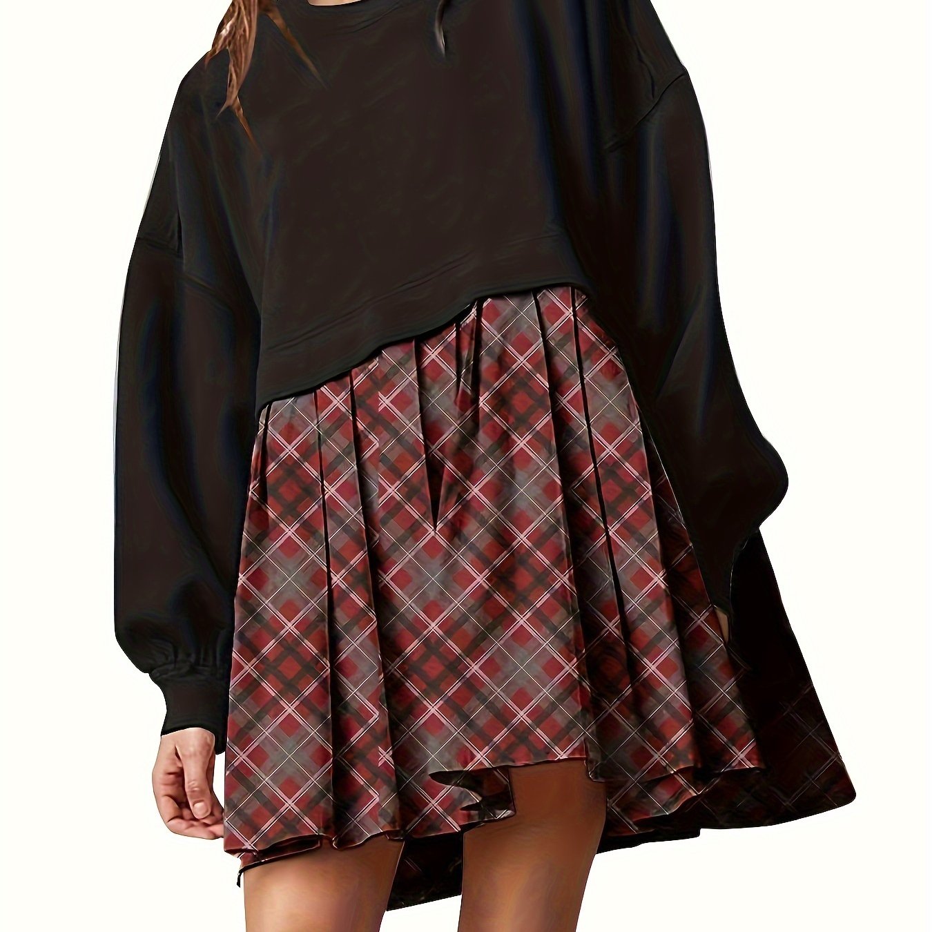 Colorblock Plaid Print Long Sleeve Dress
