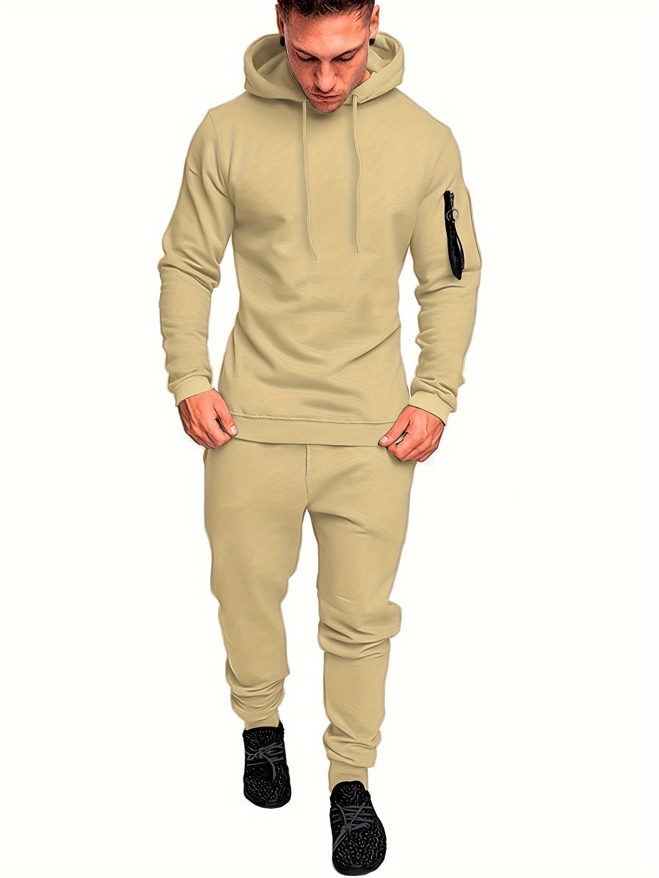 2pcs Men's Running Outfits Hooded Stretch Tops With Pants