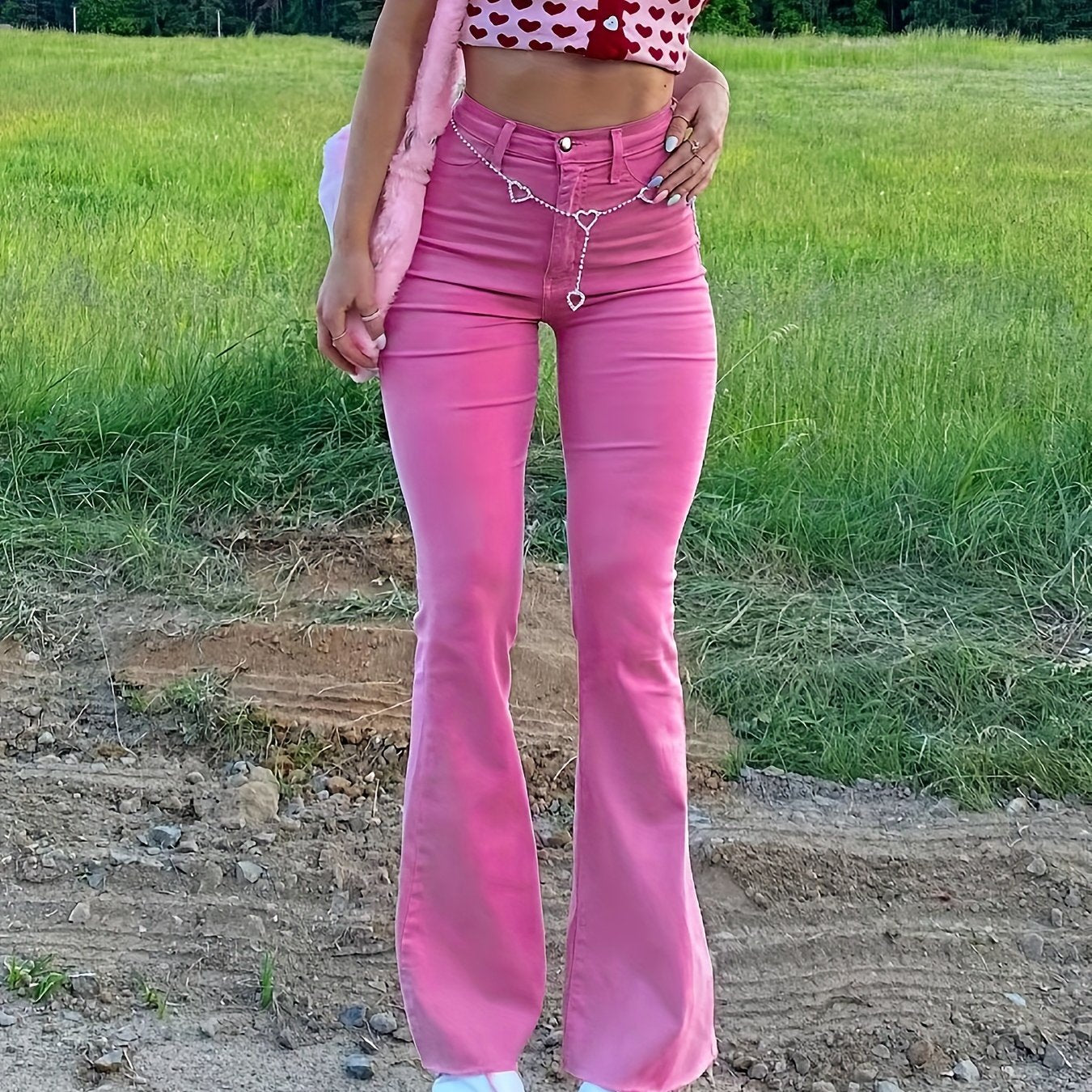 Pink High Waist Boot Cut Jeans Slim Fit Denim Women's Clothing
