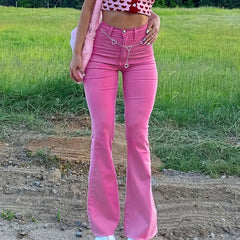 Pink High Waist Boot Cut Jeans Slim Fit Denim Women's Clothing