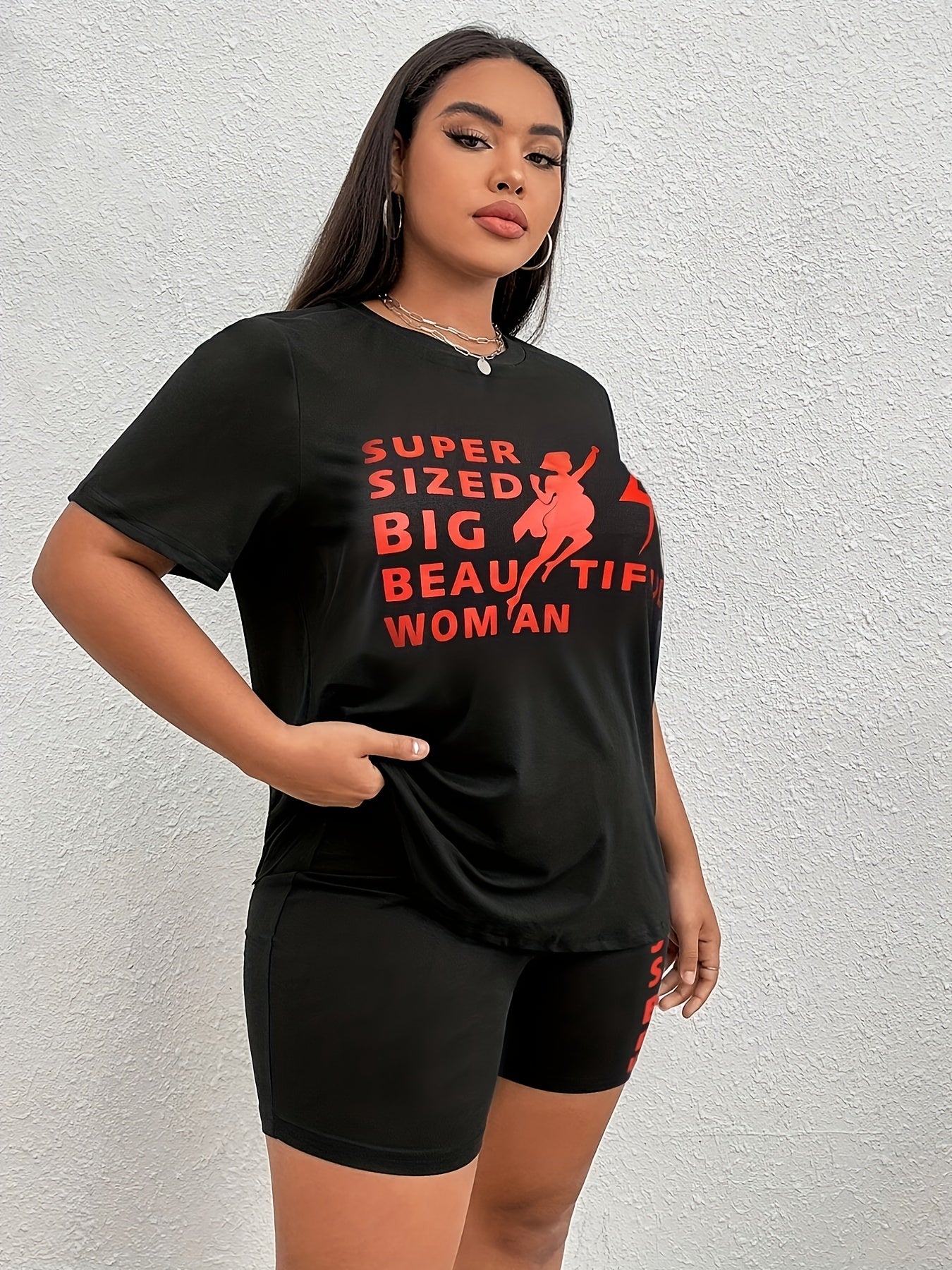 Woman Figure & Letter Print Tee & Shorts Set