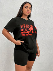 Woman Figure & Letter Print Tee & Shorts Set