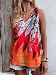 Boho Plant Print V Neck Tank Top Sleeveless Summer Top