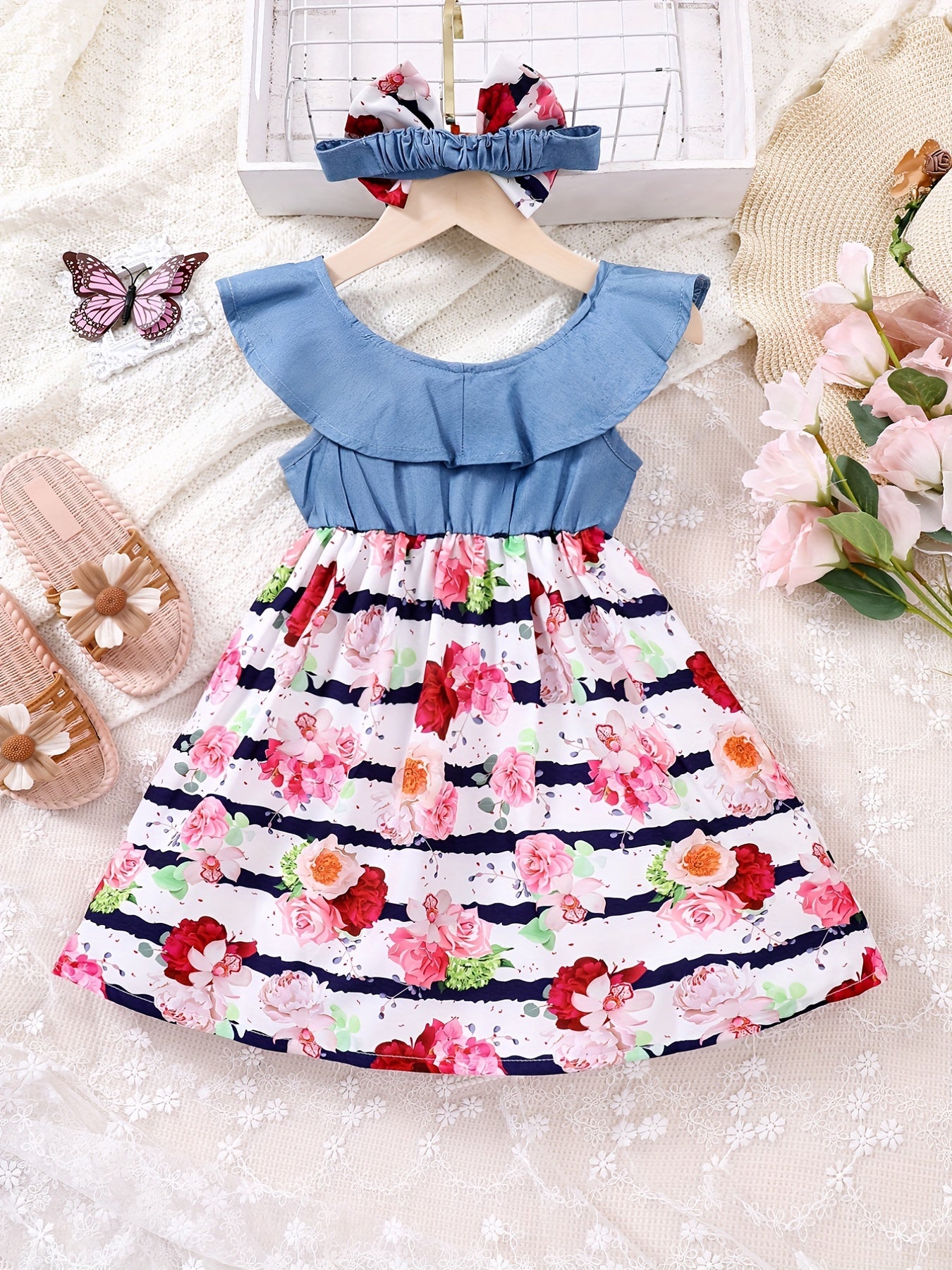 Girls Sleeveless Ruffles Crew Neck Button Floral Princess Dress