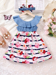 Girls Sleeveless Ruffles Crew Neck Button Floral Princess Dress