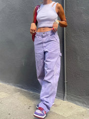 Purple Extra Long Denim Pants Boyfriend Wide Leg Jeans