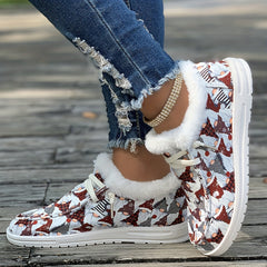 Women's Santa Print Snow Boots Christmas Style Lace-up Flats