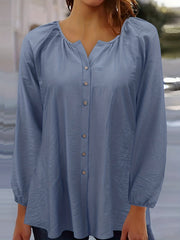 Solid Ruched Lantern Sleeve V Neck Top