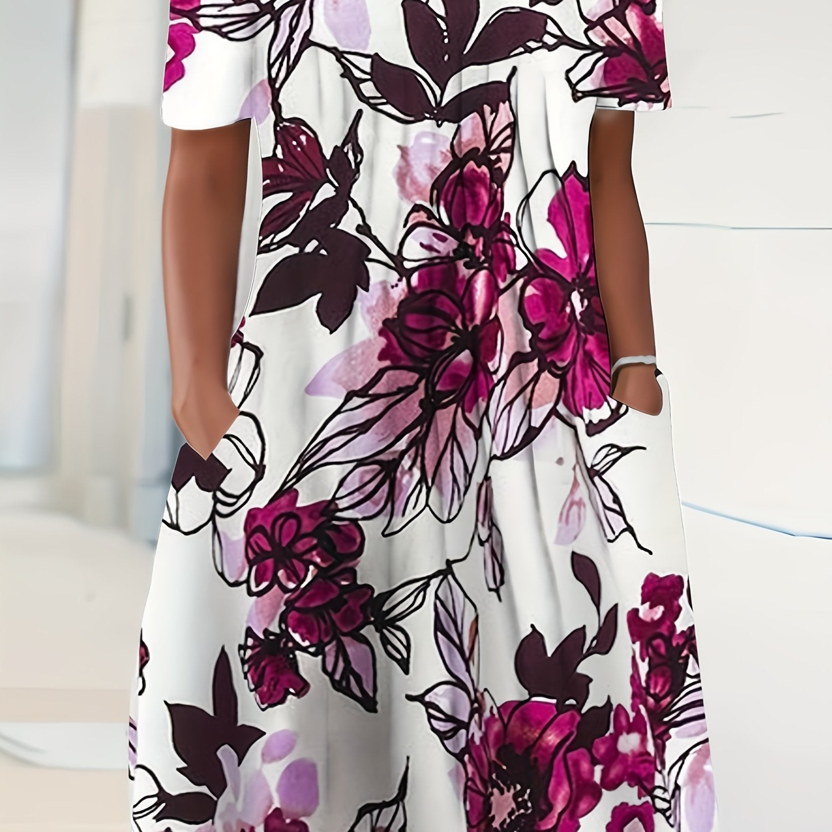 Floral Print Short Sleeve Pleated Dress With Pockets