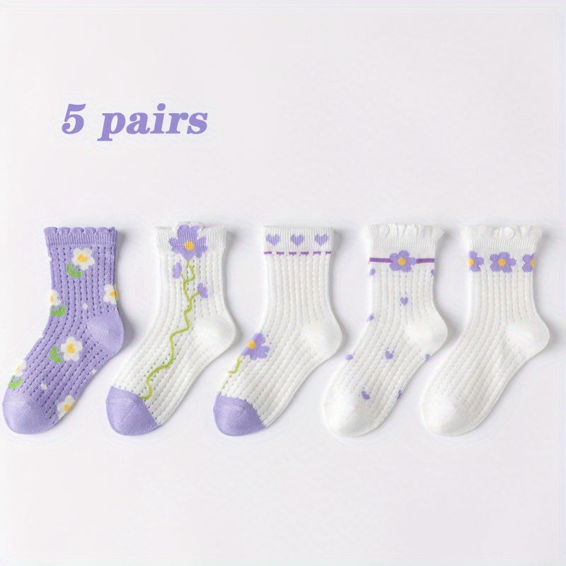5 Pairs Girls Kids Lace Socks Flower Pattern Cotton Crew Socks 1-11 Years