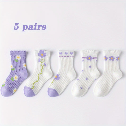 5 Pairs Girls Kids Lace Socks Flower Pattern Cotton Crew Socks 1-11 Years