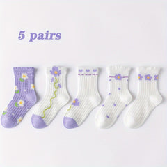5 Pairs Girls Kids Lace Socks Flower Pattern Cotton Crew Socks 1-11 Years
