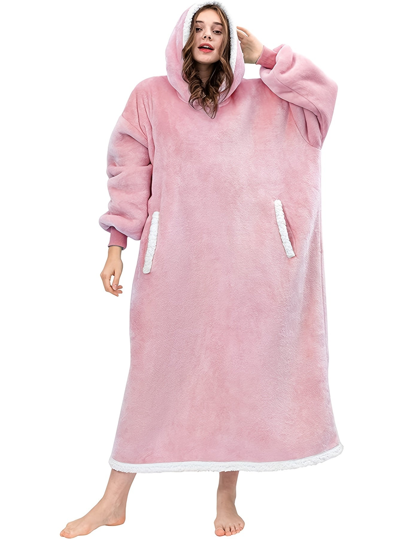 Women's Plus Size Fleece Hooded Lounge Robe with Pockets