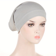 Solid Striped Inner Hijab Hat Soft Elastic Knit Beanie Women Turban
