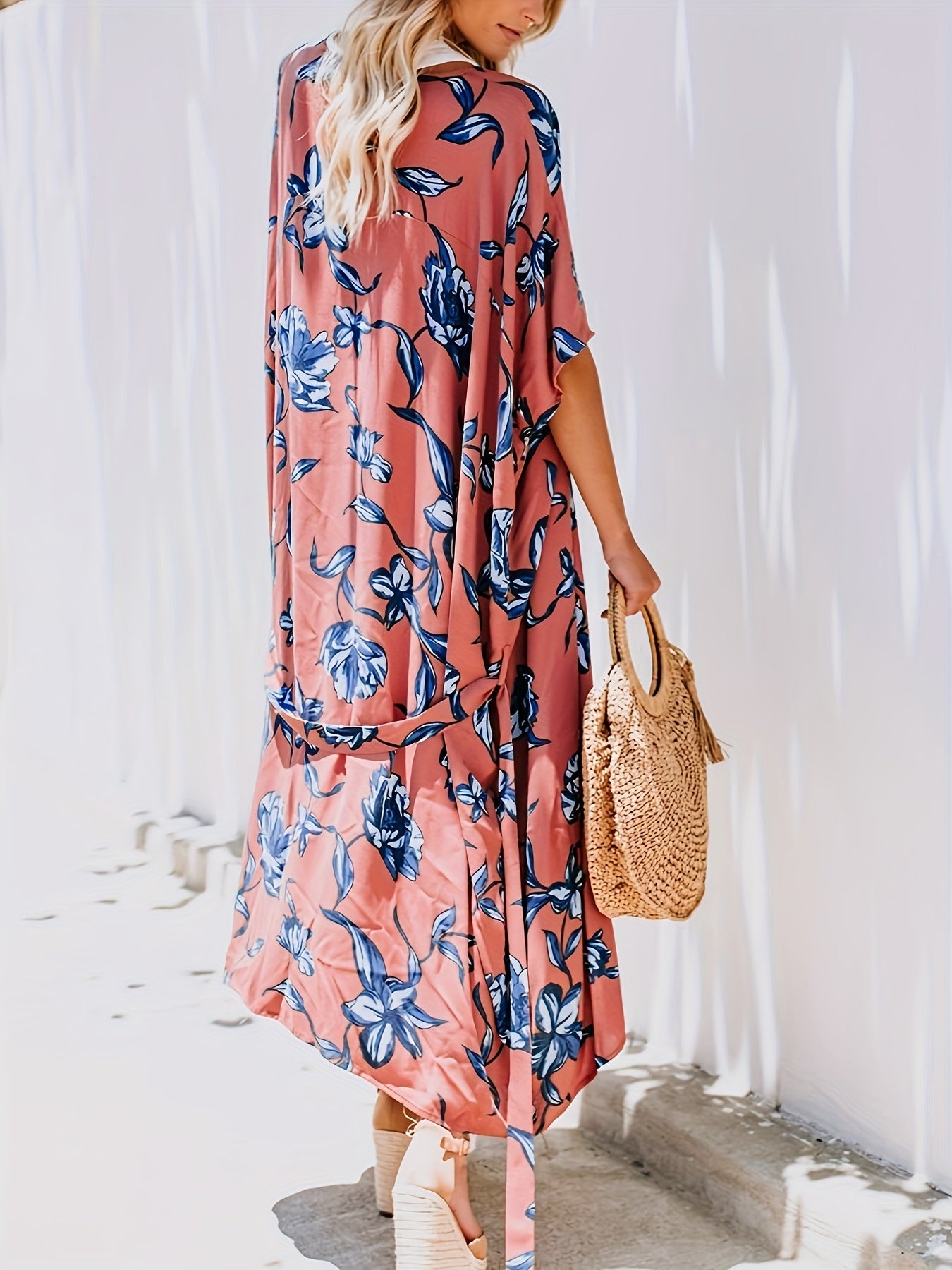 Plant Graphic Cover Up Shirt Loose Fit Non Stretch Beachwear Kimono