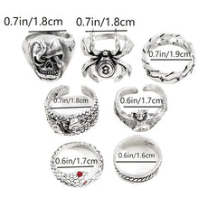 7pcs Hip Hop Style Ring Set - Skull Bat Snake Spider Distressed Vintage