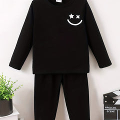 Happy Face Pattern Boy's 2pcs Sweatshirt & Solid Sweatpants Set