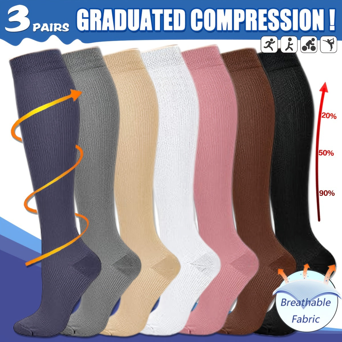 3 Pairs Knee High Compression Socks 15-20 mmHg Circulation for Women & Men