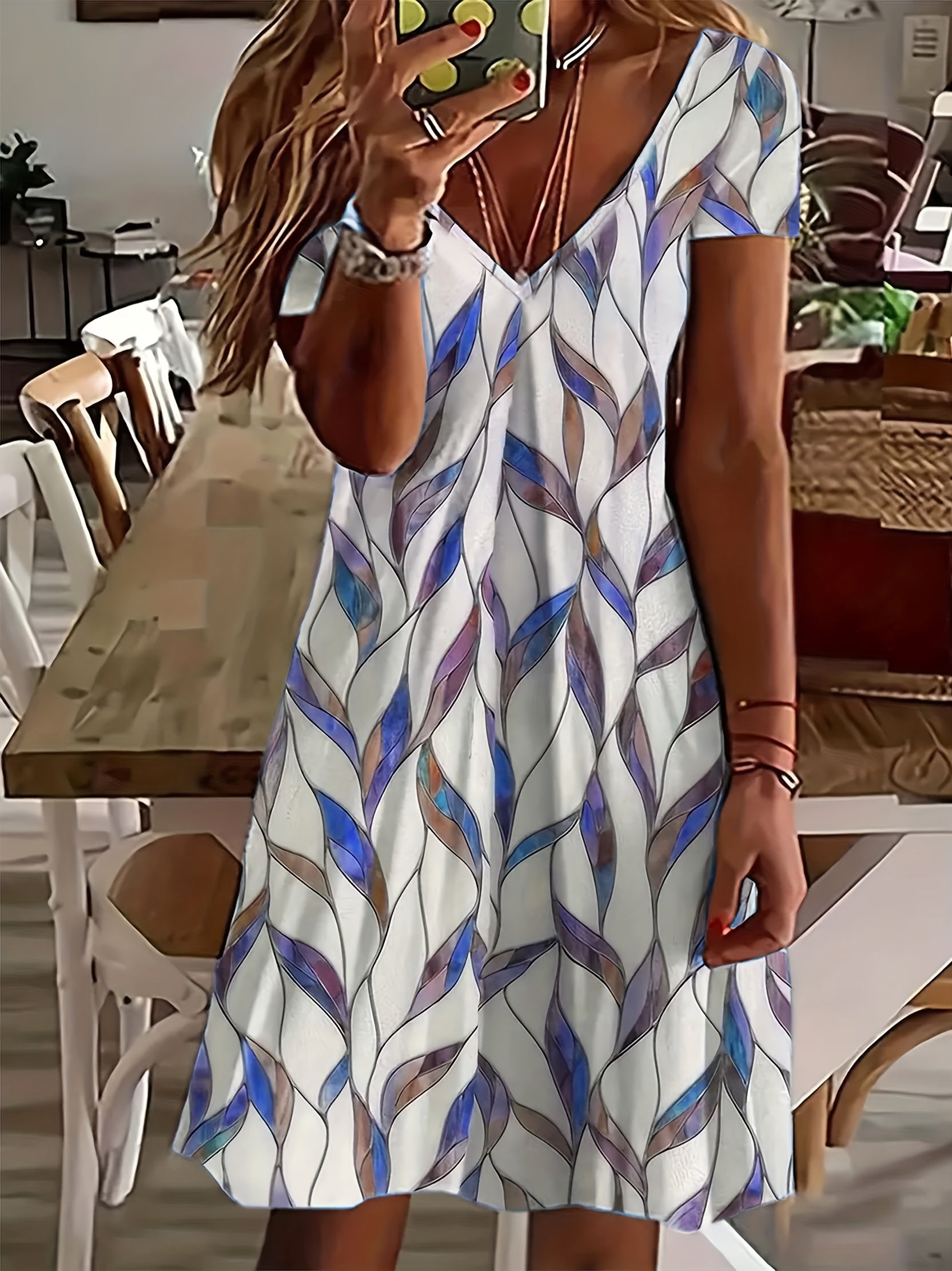 Leaf Print V Neck Casual Dress Plus Size Women