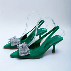 Rhinestone Bow High Heel Sandals Pointed Toe Slingback Stiletto Dress Pumps