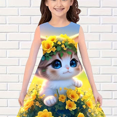 Sunflower Kitty Print Dress Girls Casual Sleeveless Dresses For Summer Party
