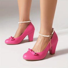Bowknot Block Heel Pumps with Faux Pearl Chain