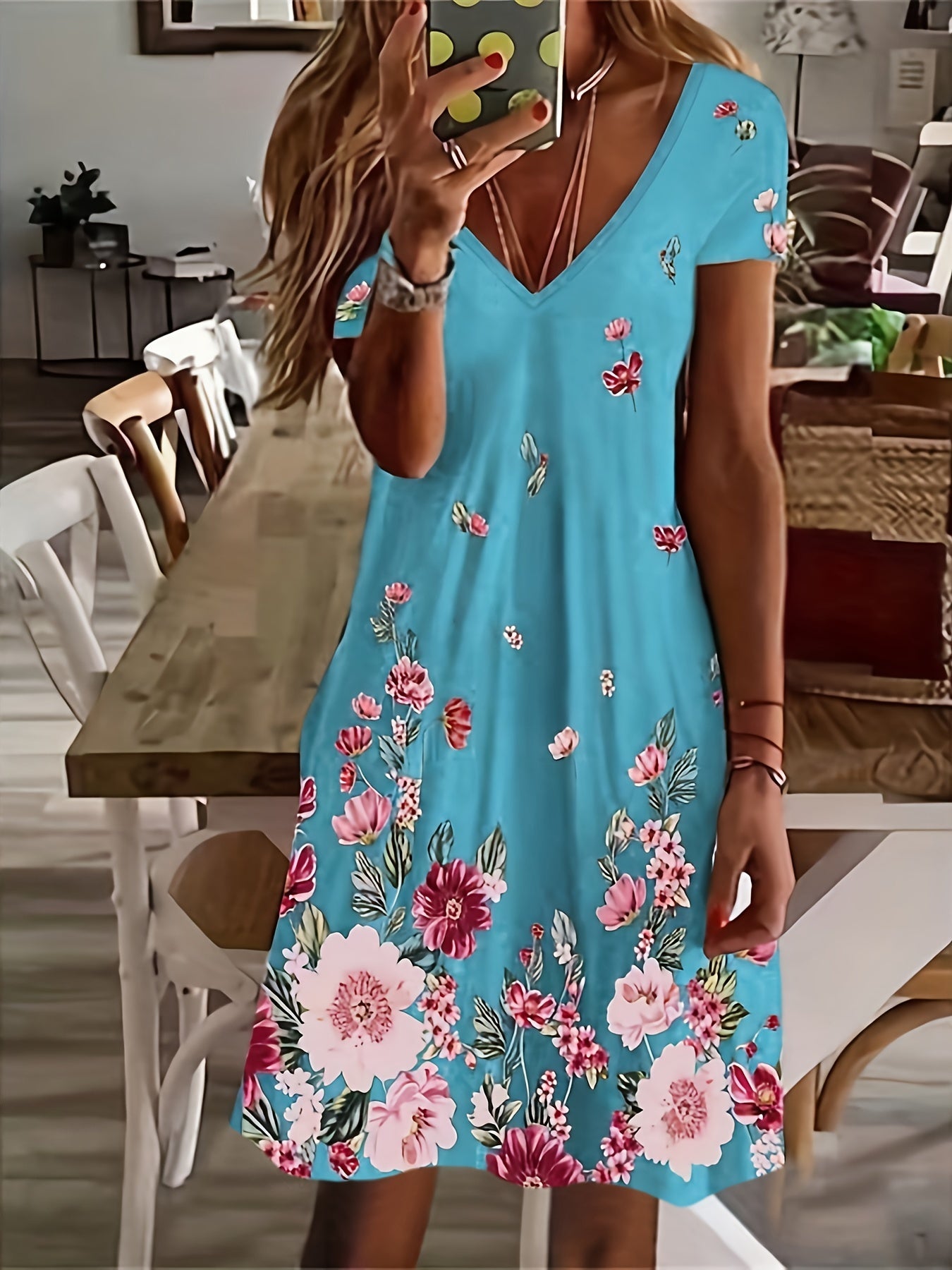 Floral Print V Neck Casual Dress Short Sleeve Summer Spring Women's Clothing