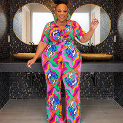 Women's Plus Floral Print Ruched Front Shirt & Pants Set