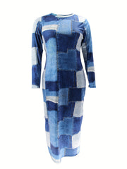 Denim Print Long Sleeve Round Neck Maxi Slim Fit Dress