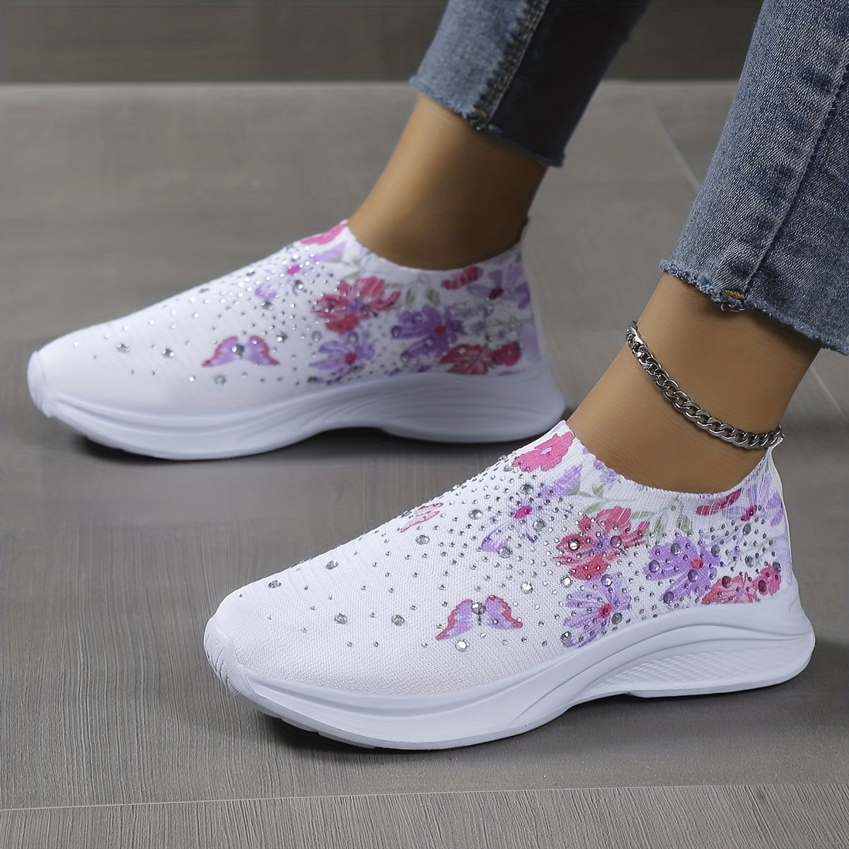 Floral Butterfly Sneakers Rhinestone Decor Slip On Knit Sock Shoes