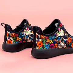 Women's Skull & Flowers Print Sneakers Lace Up Outdoor Shoes Lightweight Low Top