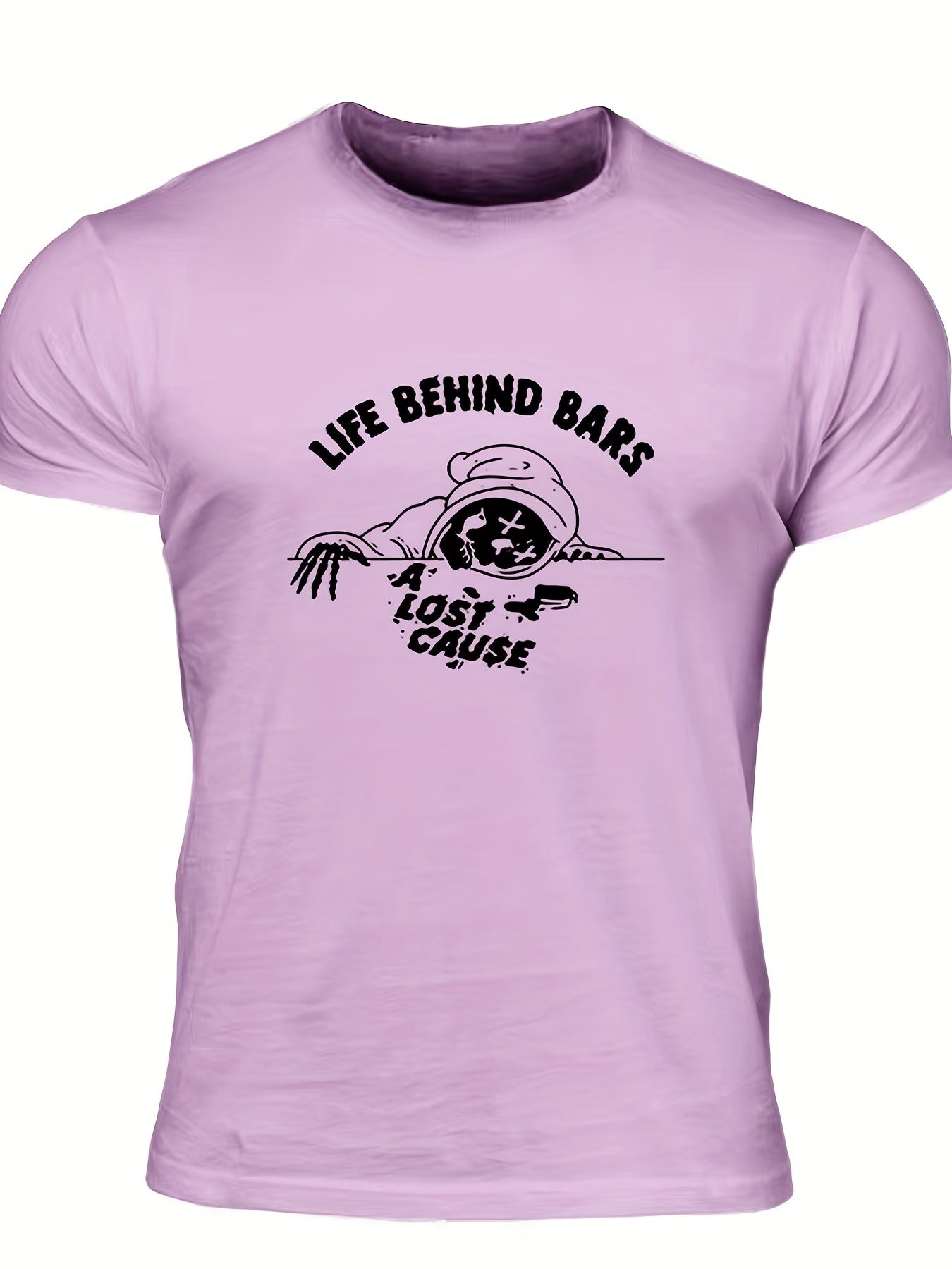 Men's Life Behind Bars Letter Print T-shirt - Casual, Stretch, Breathable Tee