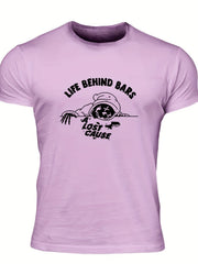Men's Life Behind Bars Letter Print T-shirt - Casual, Stretch, Breathable Tee