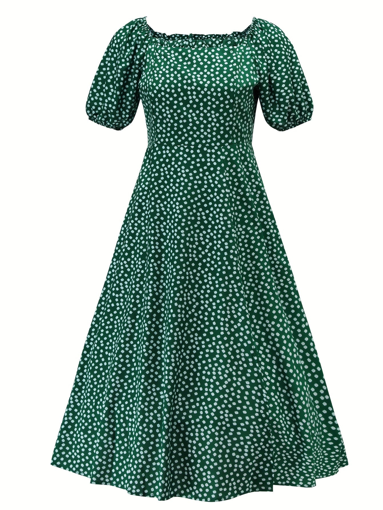 Boho Split Midi Dress Square Neck Puff Sleeves