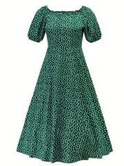 Boho Split Midi Dress Square Neck Puff Sleeves