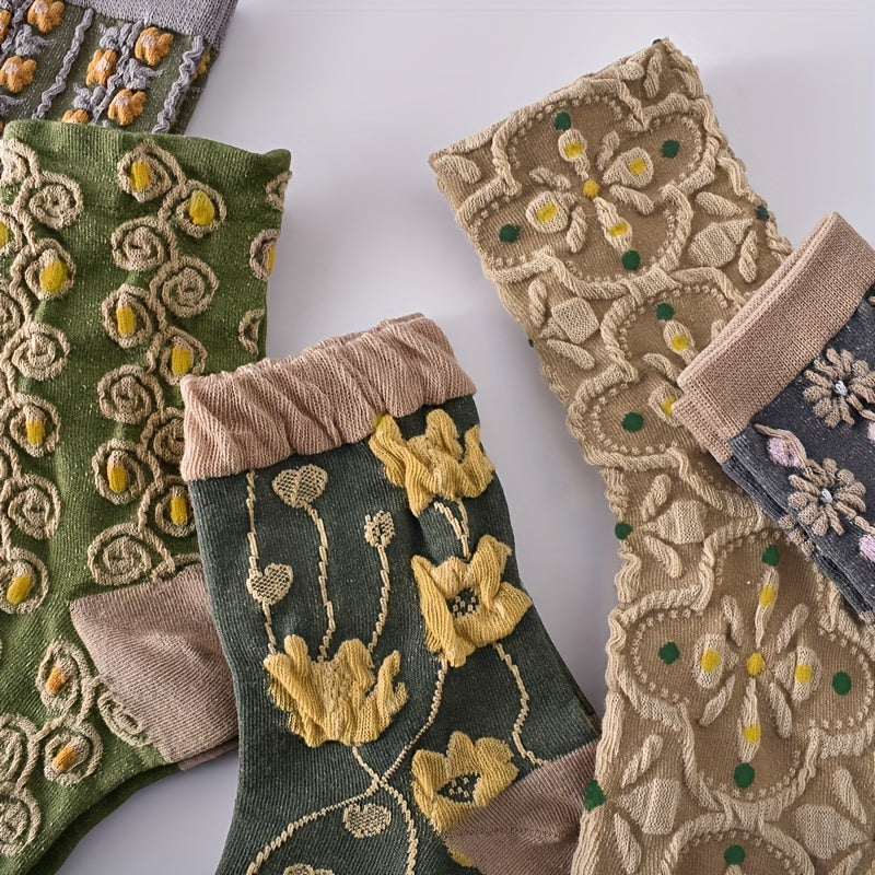 5 Pairs 3D Floral Textured Comfy Mid Tube Socks Women's Stockings