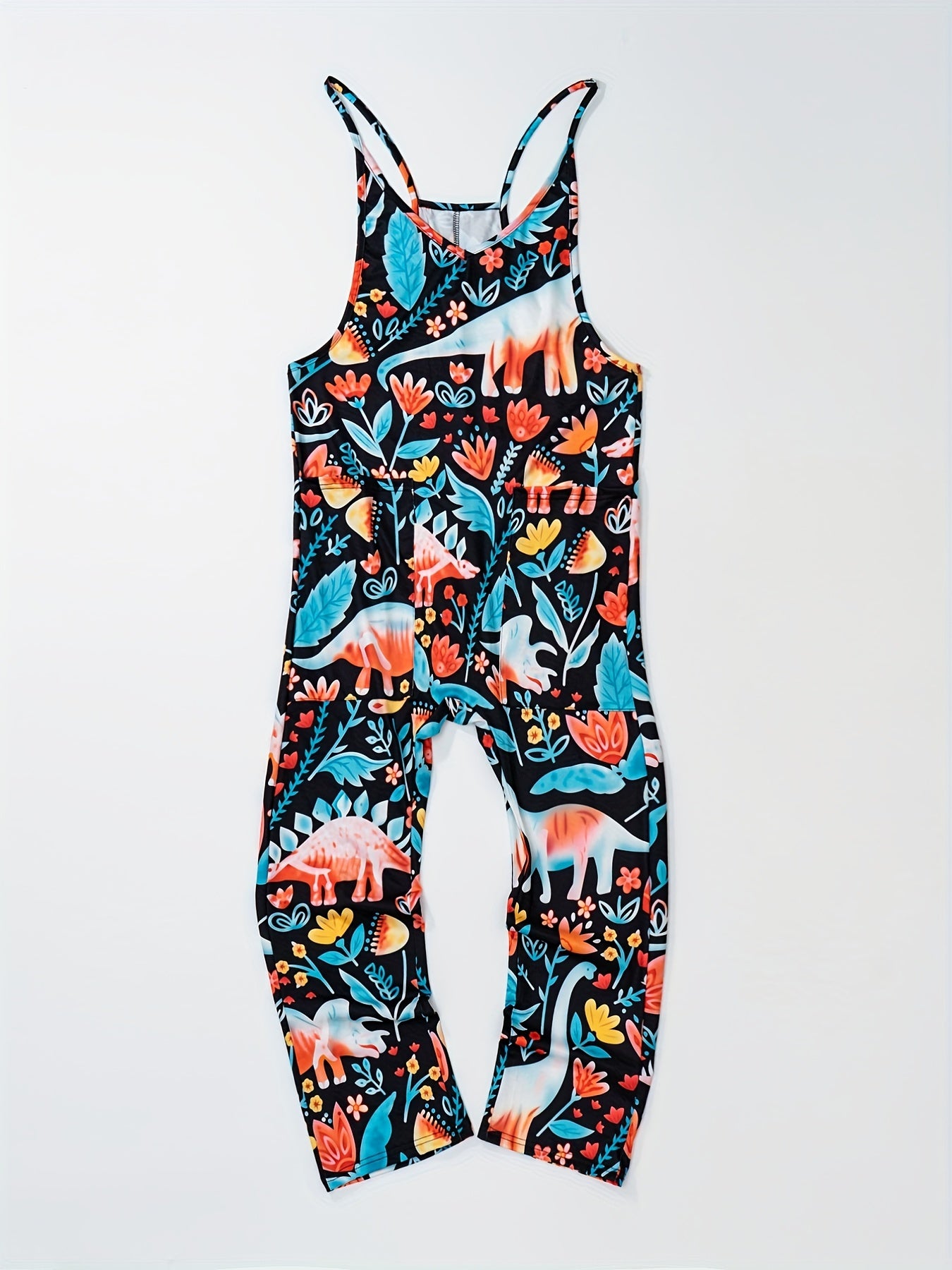 Boho Plant Print Spaghetti Strap Jumpsuit V Neck