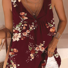 Floral Print Button Tank Top Sleeveless V Neck Tank Top
