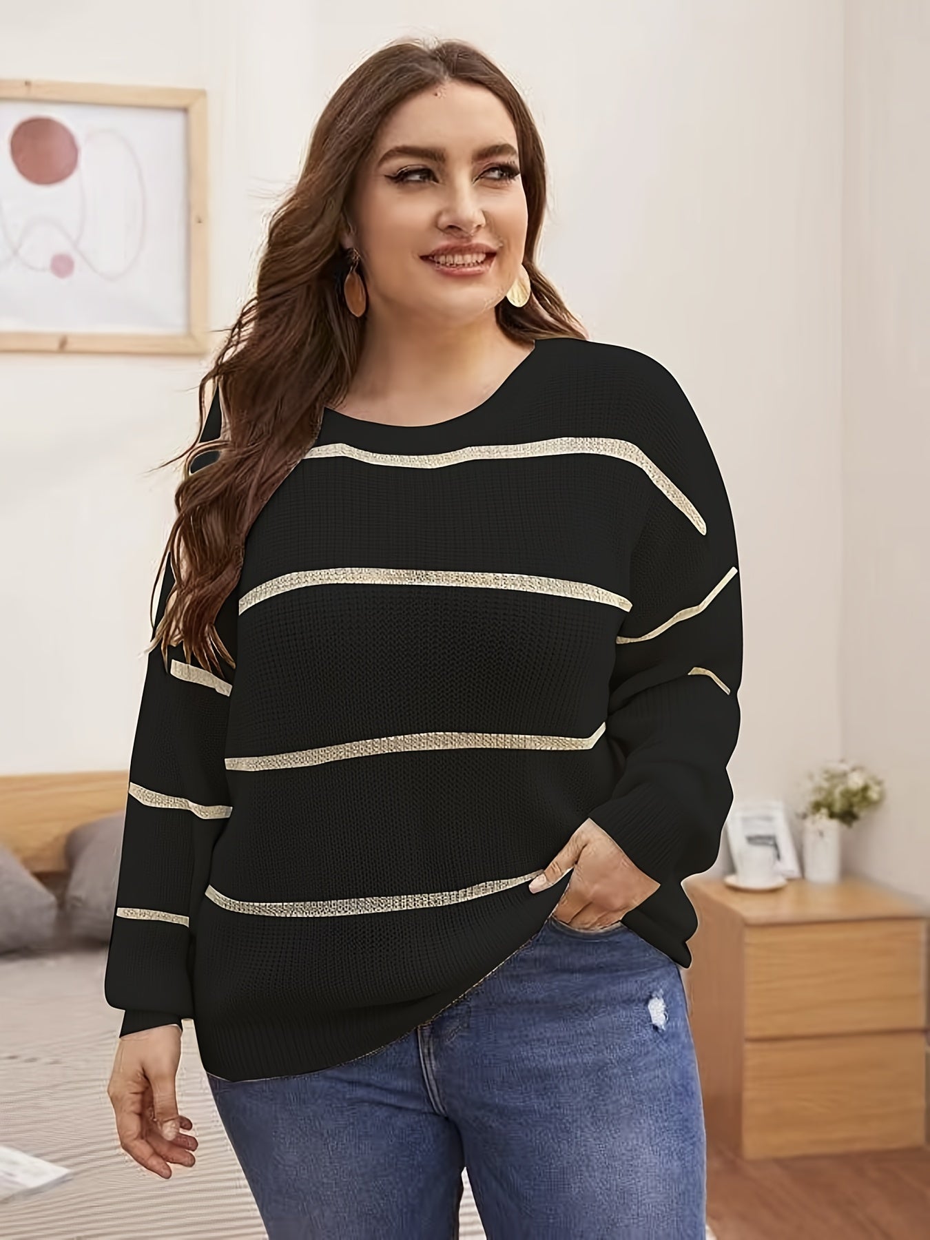 Striped Round Neck Sweater High Stretch