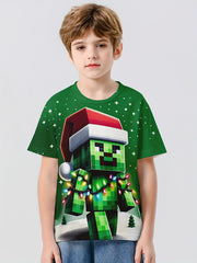 Christmas Pixel Zombie Print Boys T-shirt Short Sleeve Top