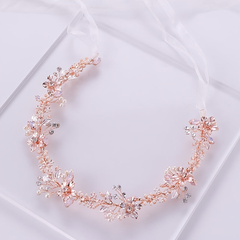 Rose Golden Flower Headband Wedding Faux Pearl Rhinestone Hairband