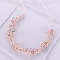 Rose Golden Flower Headband Wedding Faux Pearl Rhinestone Hairband
