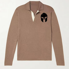 Warrior Helmet Pattern Knit Polo Shirt Men's Casual Lapel Sweater