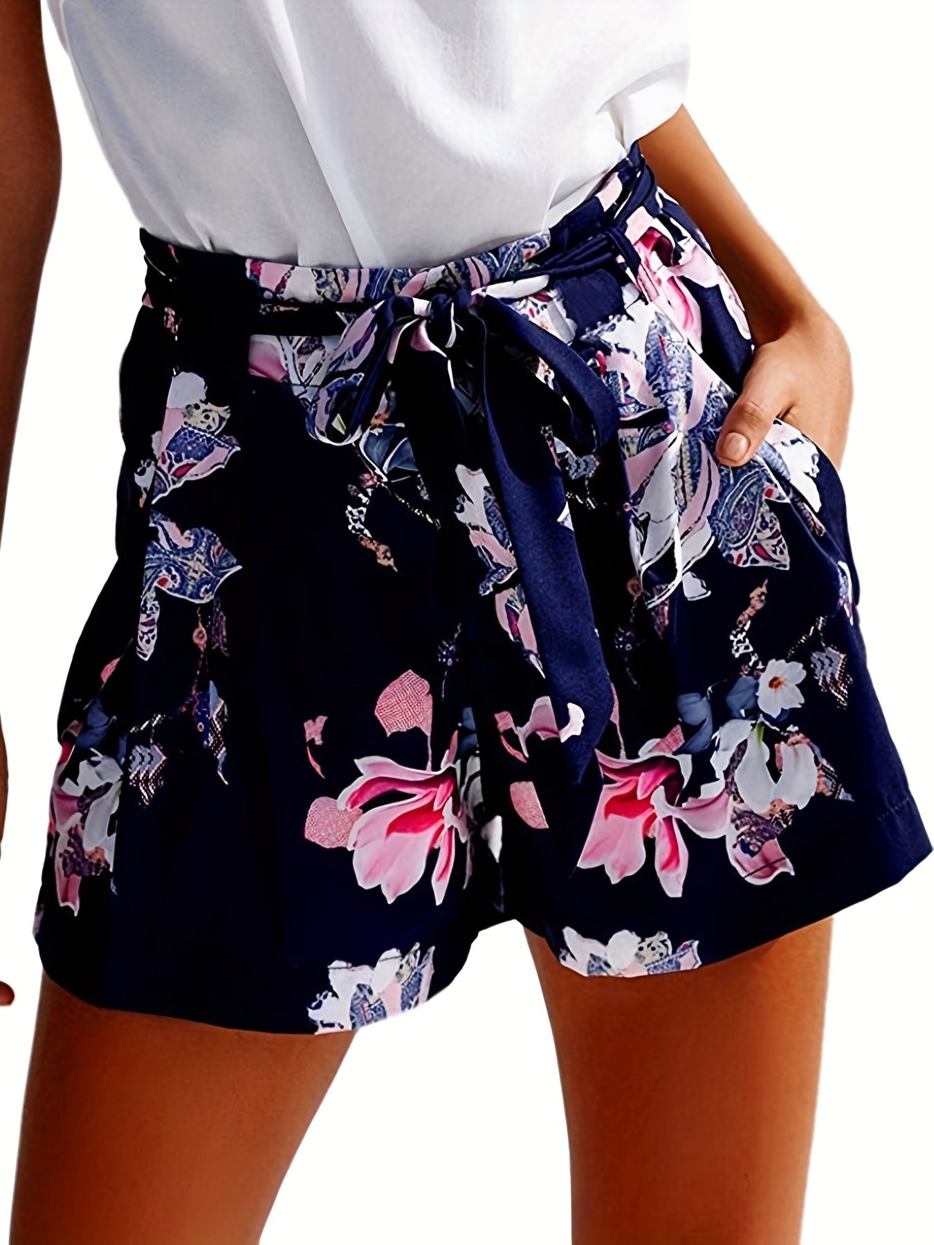 Floral Print Belted Shorts for Spring & Summer