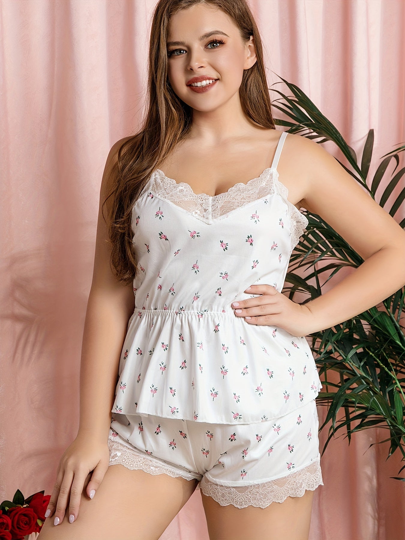 Floral Print Lace Trim Cami & Shorts Pajama Set - Plus Size