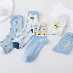 5 Pairs Floral Print Socks Comfy & Mid Tube Socks Women's Stockings