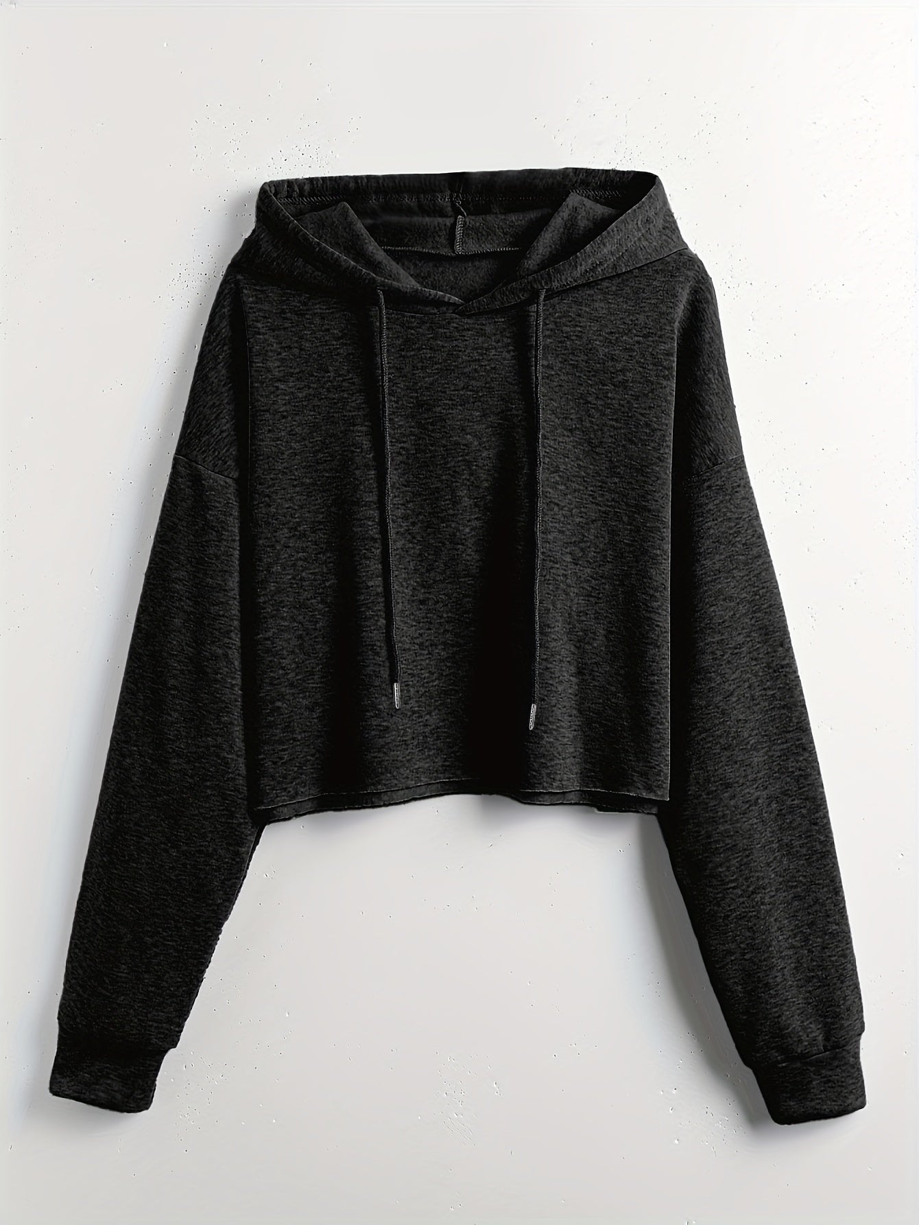 Solid Drawstring Crop Hoodie Long Sleeve Sweatshirt Women's Clothing
