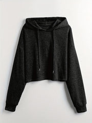 Solid Drawstring Crop Hoodie Long Sleeve Sweatshirt Women's Clothing