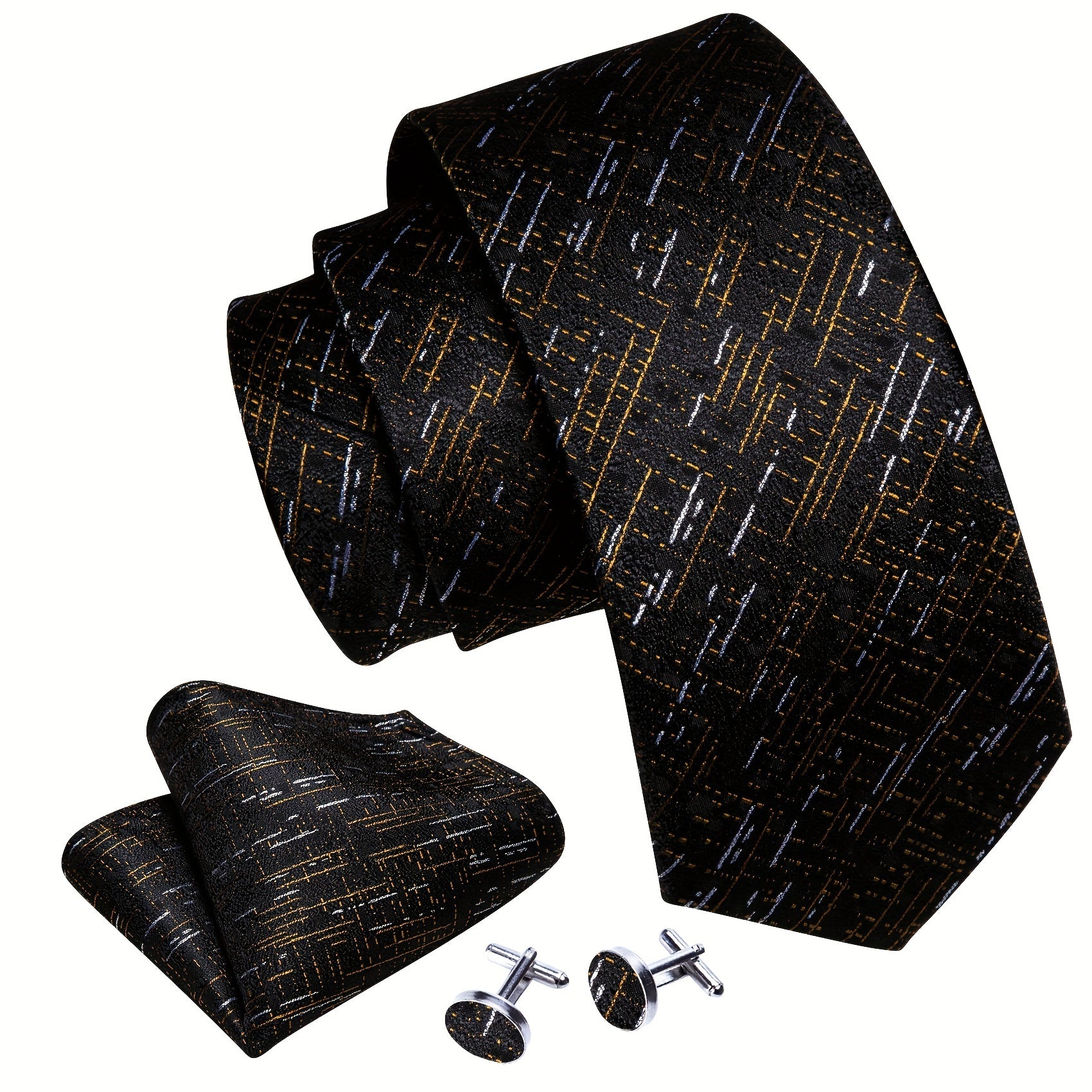 Barry Wang Silk Ties Set Classic Striped Plaid Necktie Pocket Square Cufflinks